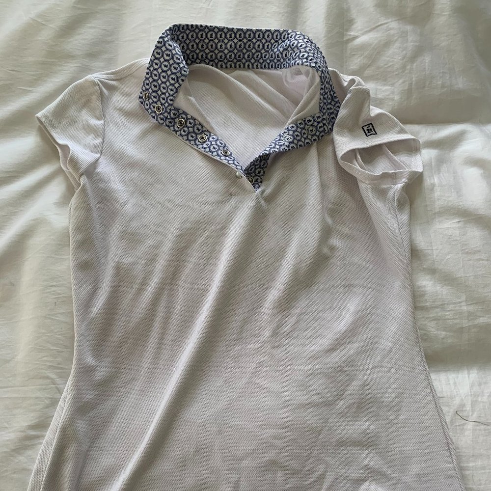 White Riding Show Top, Short Sleeved, with Blue Trim